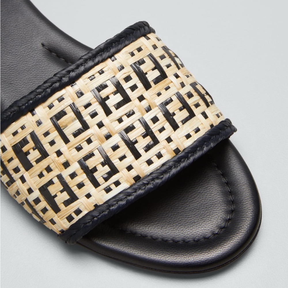 Fendi || FF Monogram Interlace Raffia Woven Slides Sandals Tan Black 39 - Picture 11 of 12
